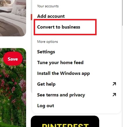convert pinterest personal account to a business account