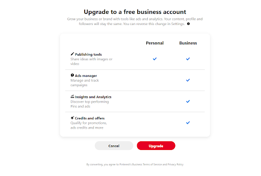 upgrade to a free pinterest business account 