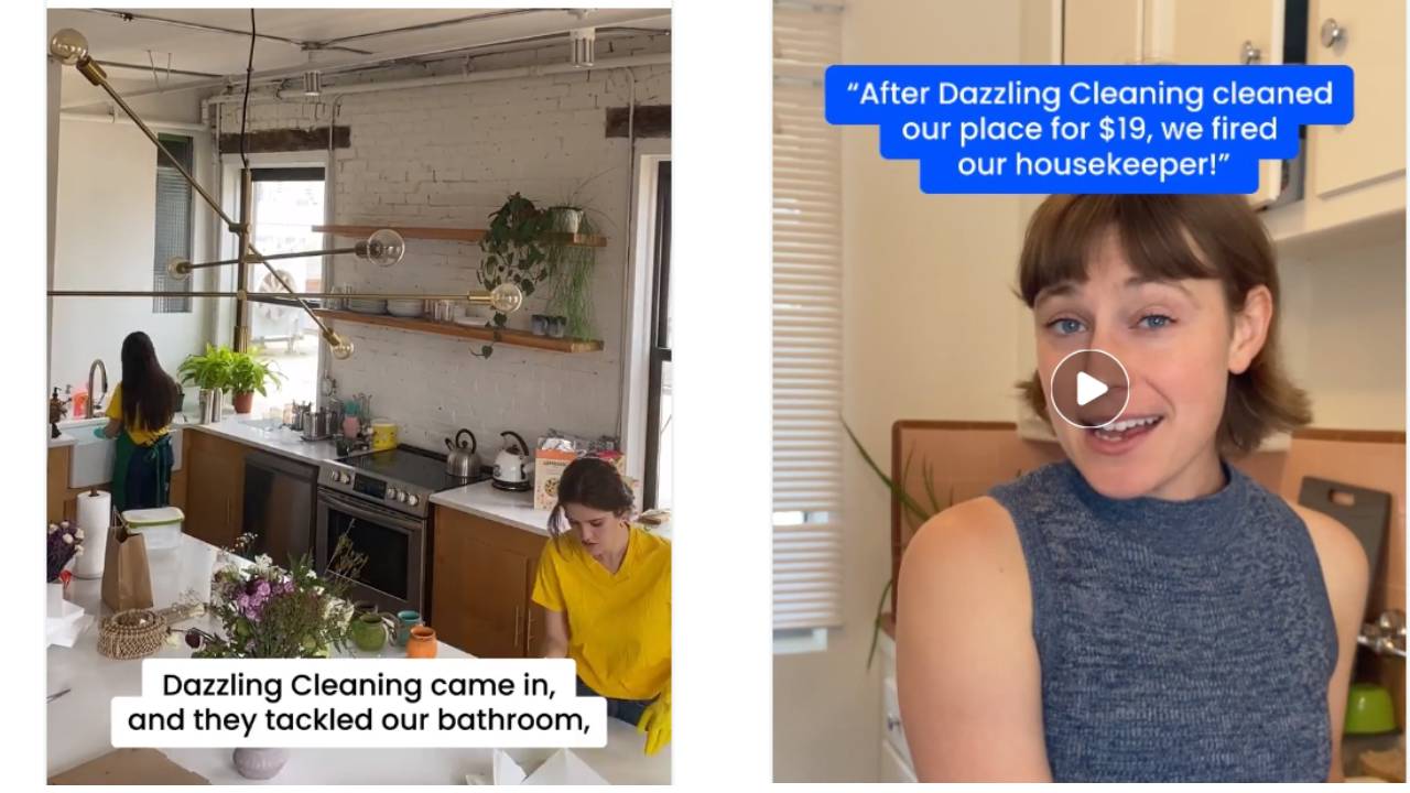 A woman sharing live updates about their cleaning business