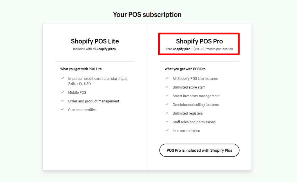 Shopify POS system pricing plan