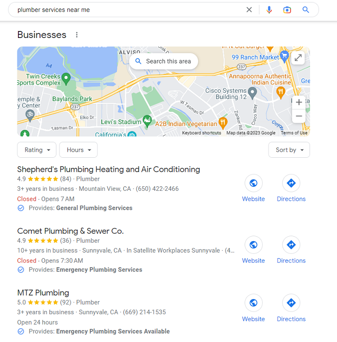 Example of google local search result pack