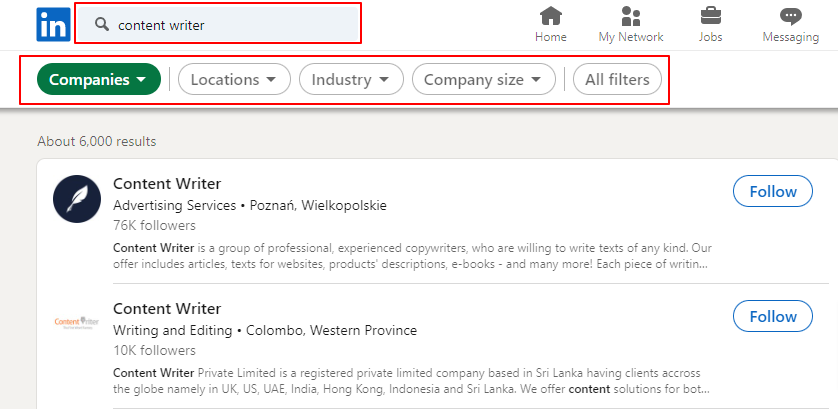 Content writer search by linkedin